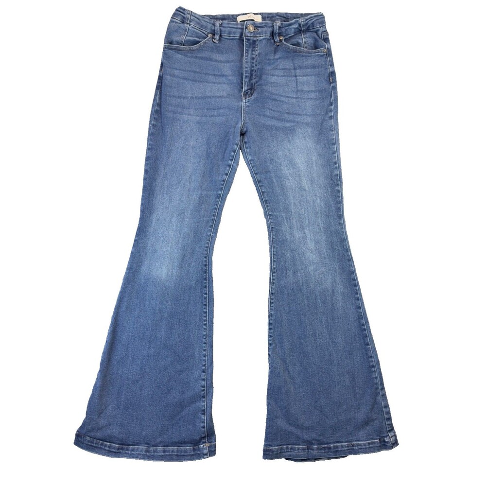 Kancan Jeans Womens 13/30 Blue Flare Denim Medium Wash High Rise Whiskered Pants